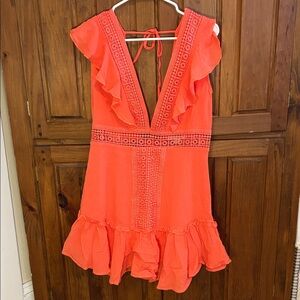 Favlux Women’s Deep Plunge Light Orange Ruffled Embroidered Dress Size L